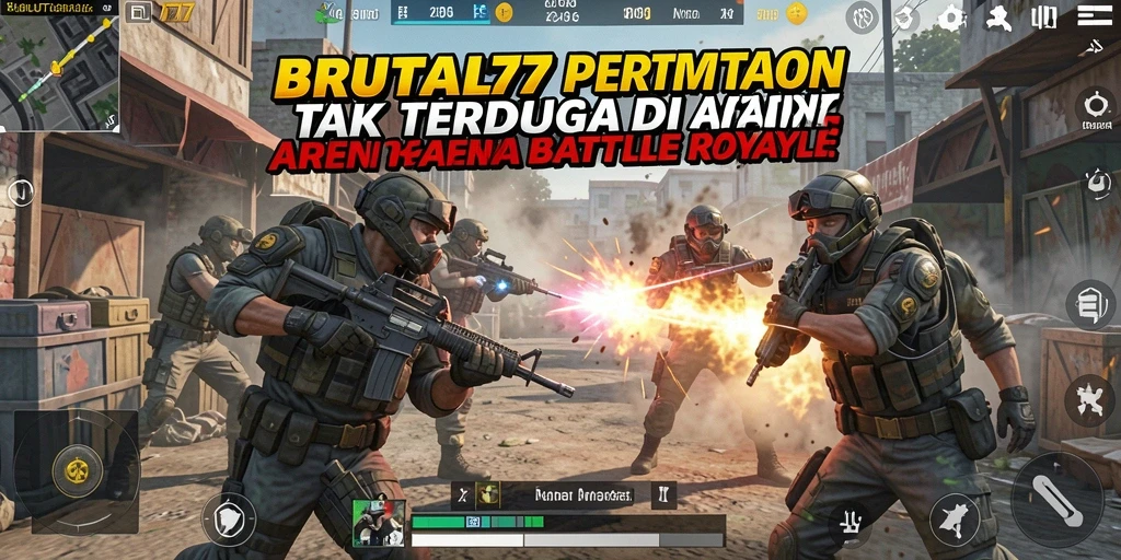 Tangkapan layar gameplay BRUTAL77 yang menunjukkan aksi pertempuran seru.