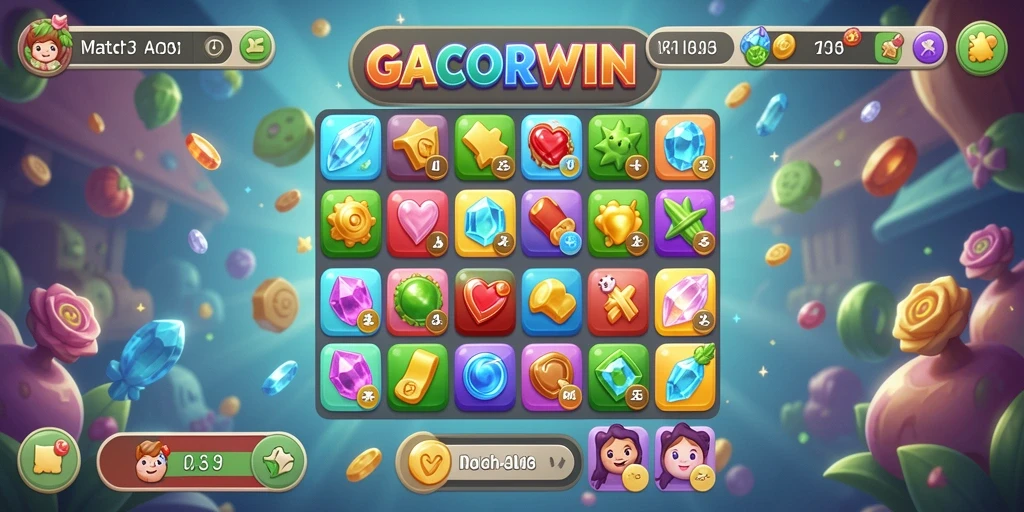 Tampilan gameplay GACORWIN dengan elemen Match-3 yang cerah dan menarik.