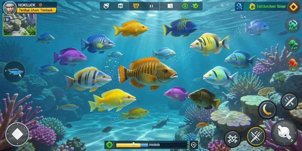 Screenshot gameplay HOKILUCK yang menunjukkan perburuan ikan.