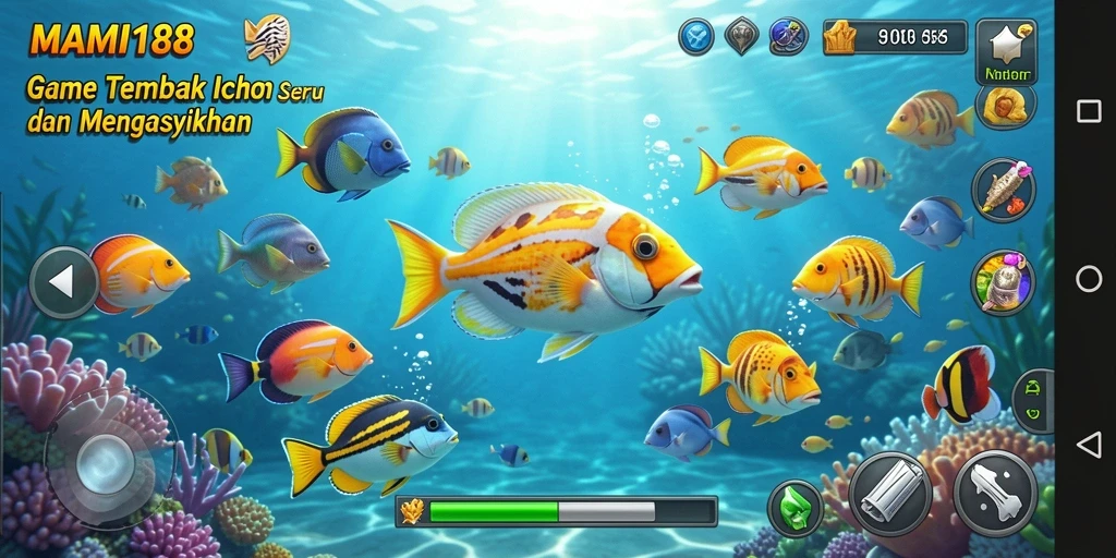 Tampilan gameplay MAMI188 saat menembak ikan yang berwarna-warni.