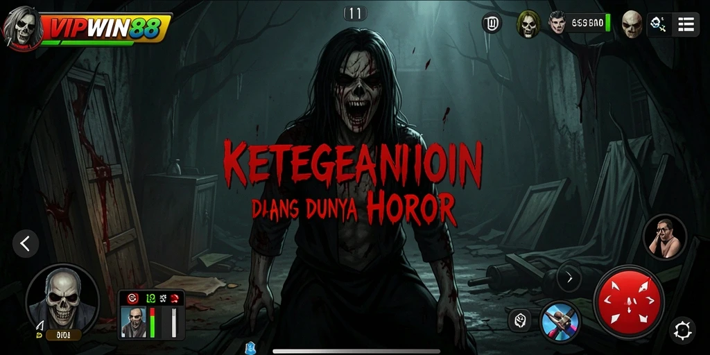 Gameplay seram VIPWIN88 dengan makhluk menyeramkan dan suasana mencekam.